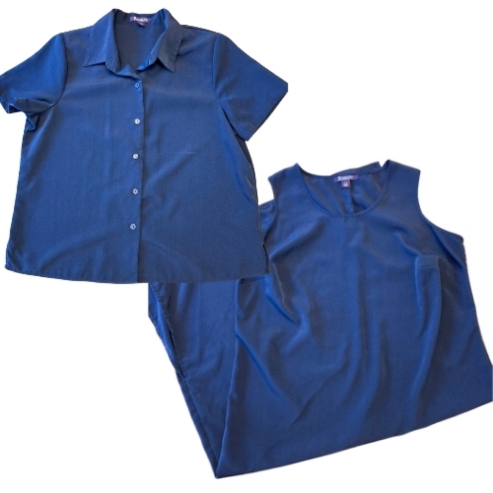 Vintage 14 Navy Blue 2 Pc Set Sleeveless Maxi Dress Short Sleeve‎ Button Down